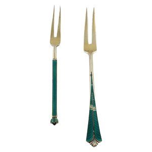 David Andersen Norway Silver Green Enamel 2 Tine Gold Washed Forks #7373